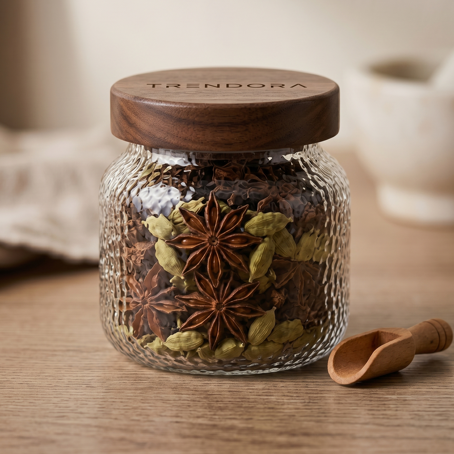 Trendora Premium Hammered Glass Storage Jar with Acacia Wood Lid