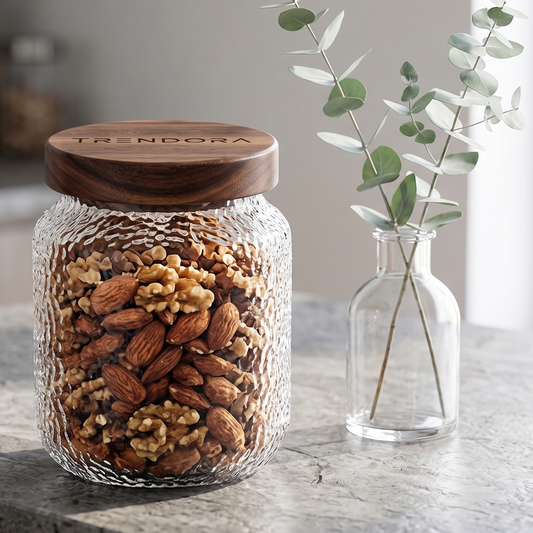 Trendora Premium Hammered Glass Storage Jar with Acacia Wood Lid